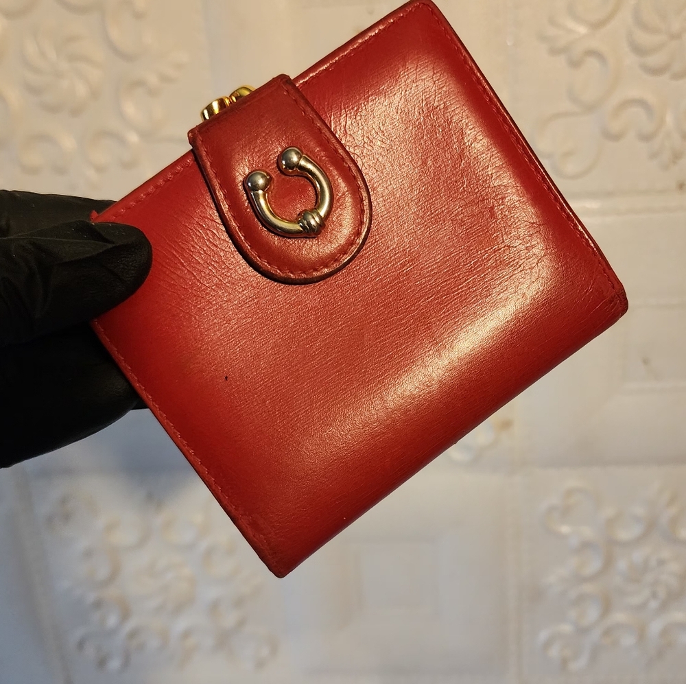 Gucci Women Coin Card Wallet Red/Gold Leather French Locktwist Authentic 1970s